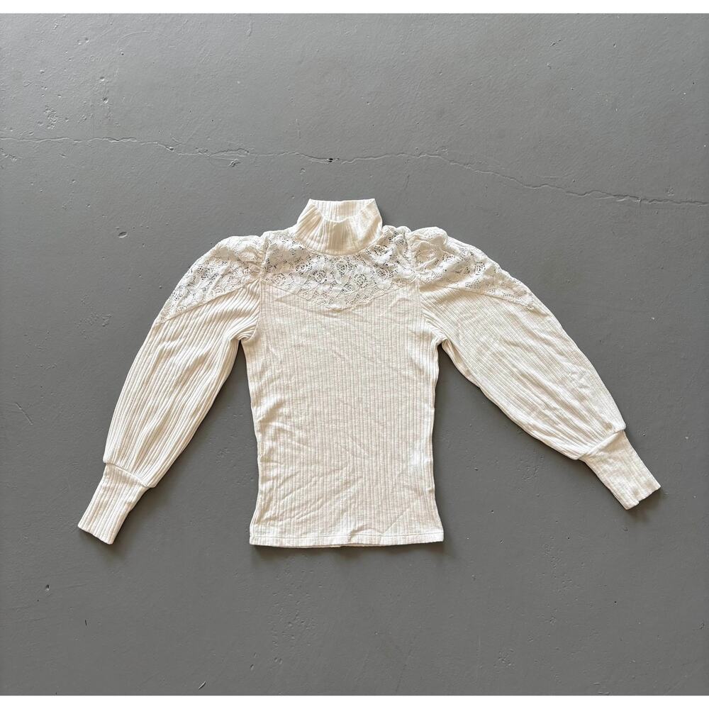 op Secret Woman lace-yoke ribbed mock-neck top — EU 34 / US XS, cream